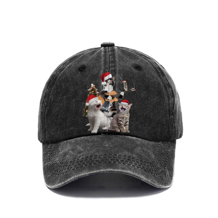 Unisex Vintage Casual Christmas Cat Print Washed Cap