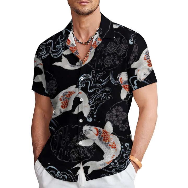 Koi Art Lucky Print Casual Short Sleeve Shirt 2412009968