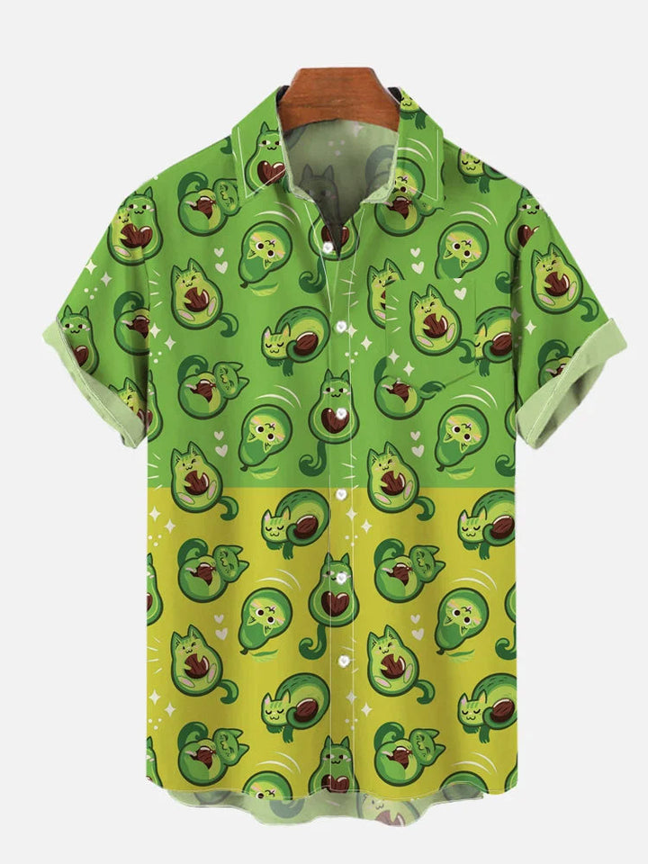 Green Cartoon Avocado Cat Pattern Short-Sleeved Shirt