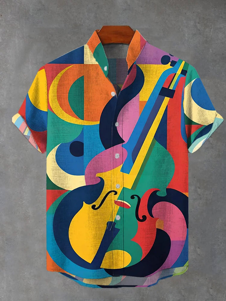 Men's Abstract Color Block Guitar Print Short Sleeve Shirt