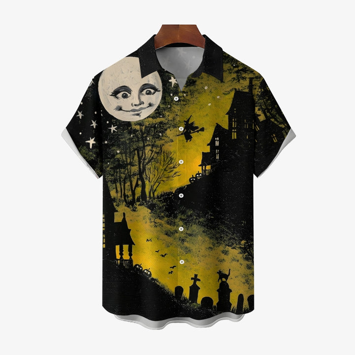 Halloween Castle Witch Print Casual Short Sleeve Shirt 2408002669