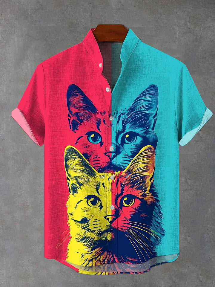 Men's Contrast Cat Print Short Sleeve Shirt