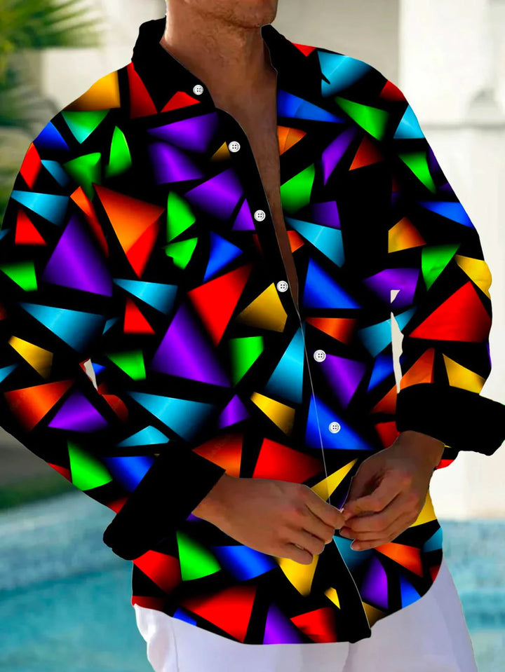 Men's Retro Geometric Color Block Print Long Sleeve Shirt