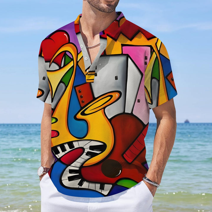 Musical Instruments Abstract Geometric Print Stand-Up Collar Half-Lapel Short-Sleeved Shirt