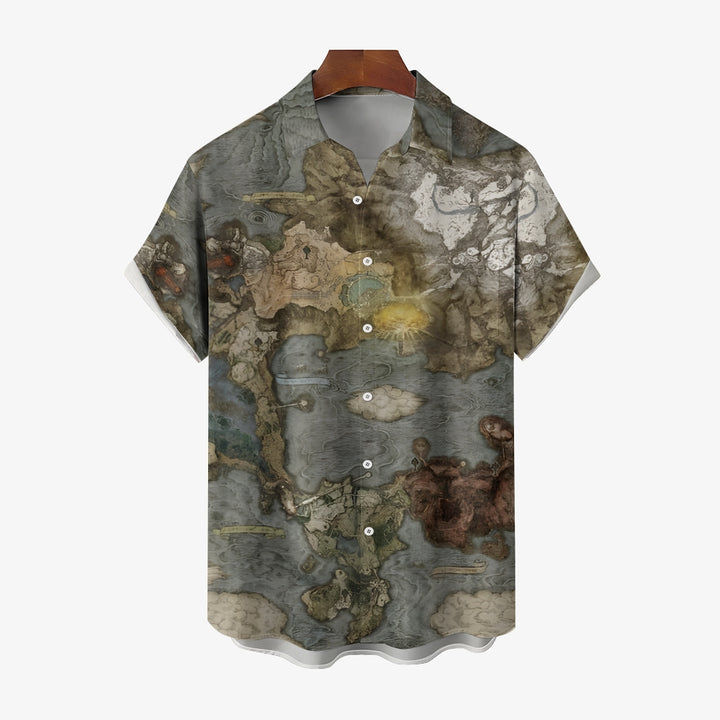 Men's Retro Map Print Casual Short Sleeve Shirt 2404000486