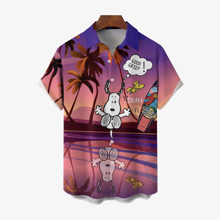 Men's Hawaiian Cartoon Puppy Diving Casual Short Sleeve Shirt 2408007561