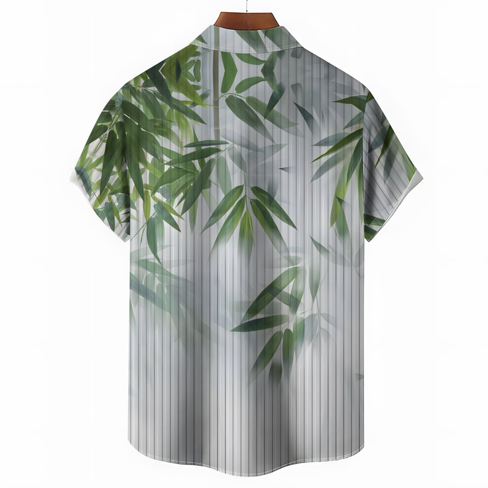 Men's Bamboo Leaf Reflection Glass Print Short Sleeve Shirt 2412002236