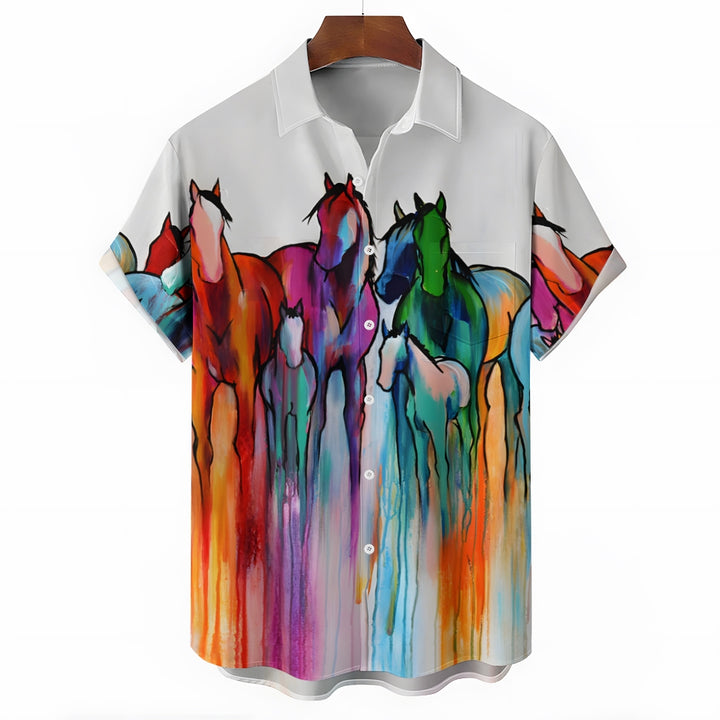 Colorful Horse Art Print Casual Oversized Short Sleeve Shirt 2407002251