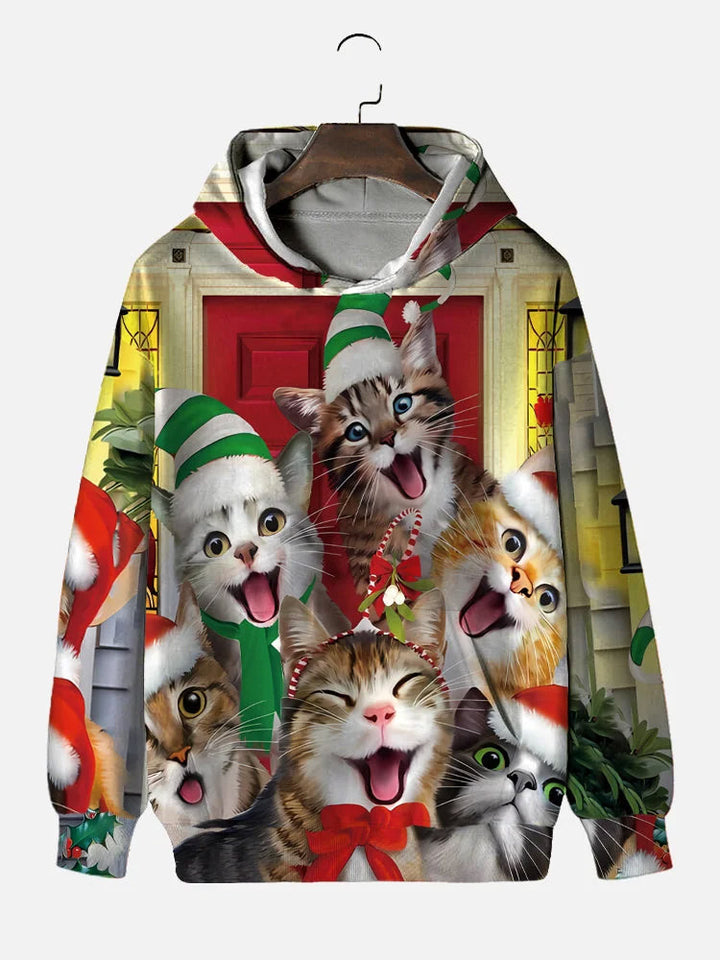 Merry Christmas Cute Pet Cat Party Printed Hooded Sweatshirt