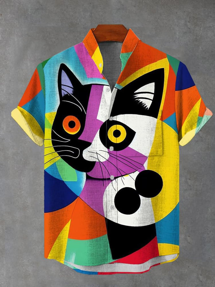 Abstract Hand Painted Color Block Cat Short Sleeve Shirt