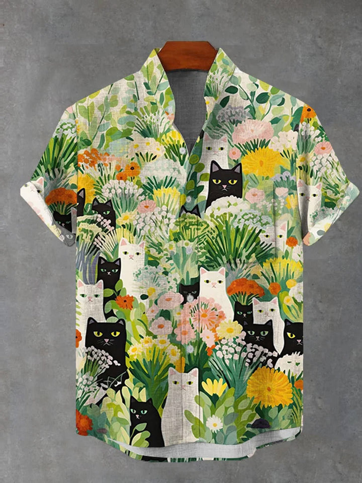 Black and White Cat Romantic Flower Short Sleeve Shirt