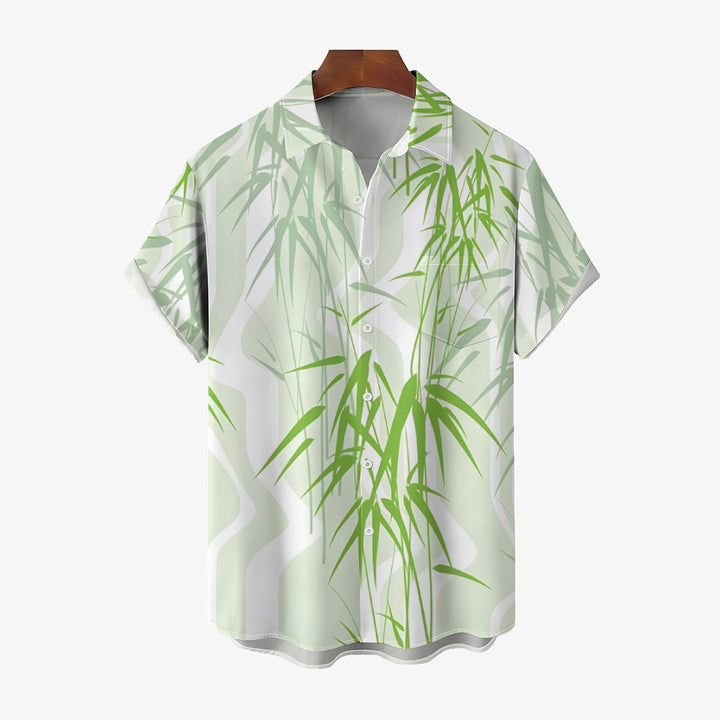 Men's Green Bamboo Art Print Casual Short Sleeve Shirt 2412003833