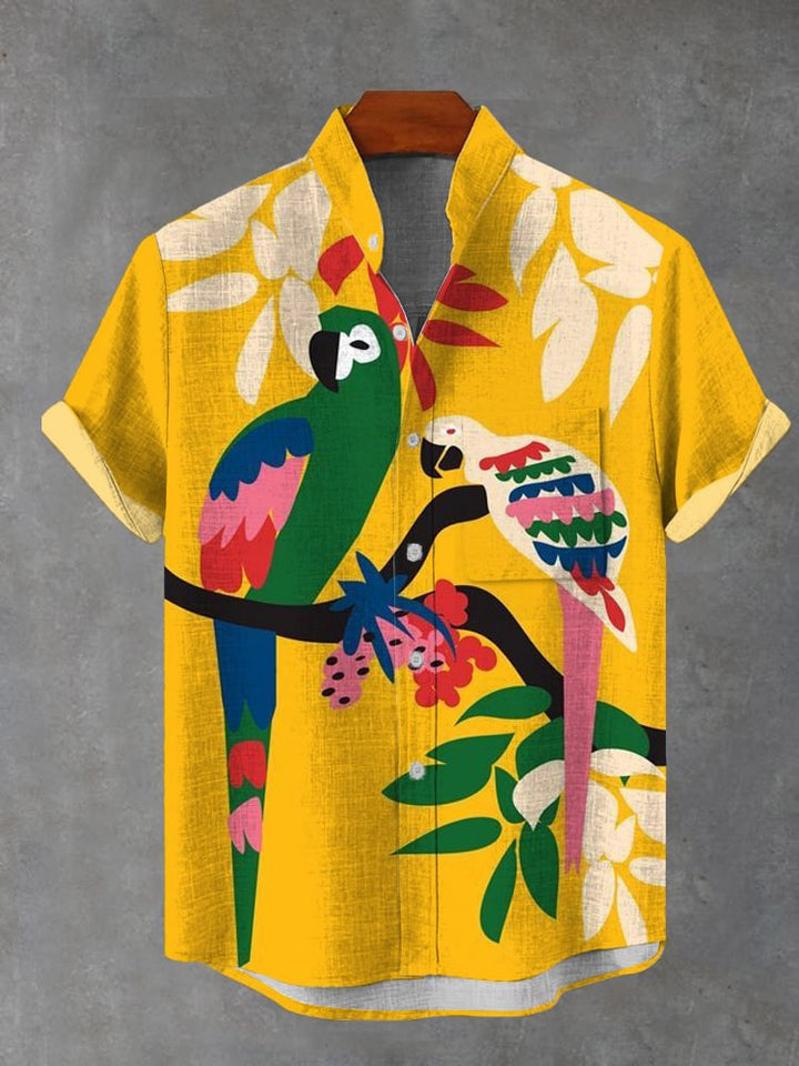 Hawaiian Abstract Colorful Parrot Print Short Sleeve Shirt