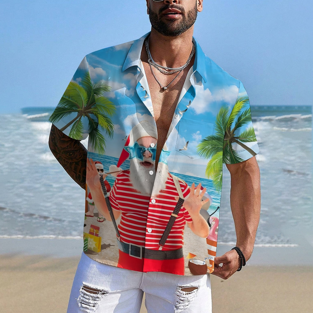 Santa Claus Print On The Beach Short Sleeve Shirt 2410003388