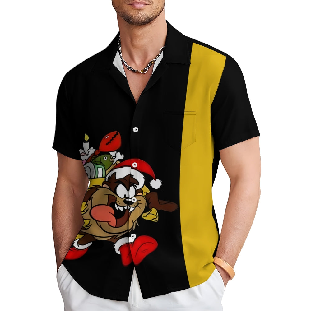 Cartoon Character Christmas Gift Print Chest Pocket Short Sleeve Shirt 2410007970