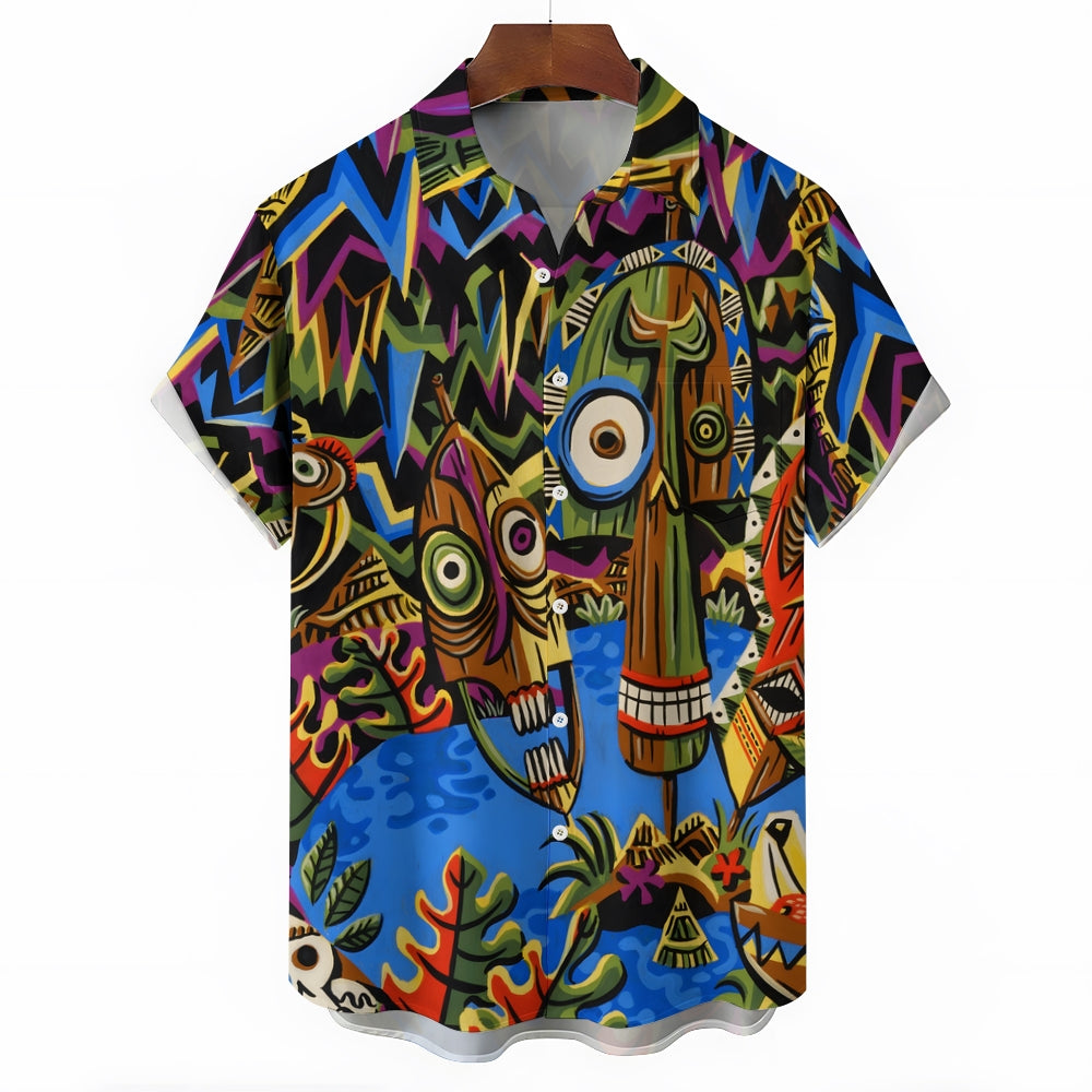 Men's TIKI Art Print Casual Short Sleeve Shirt 2404000288