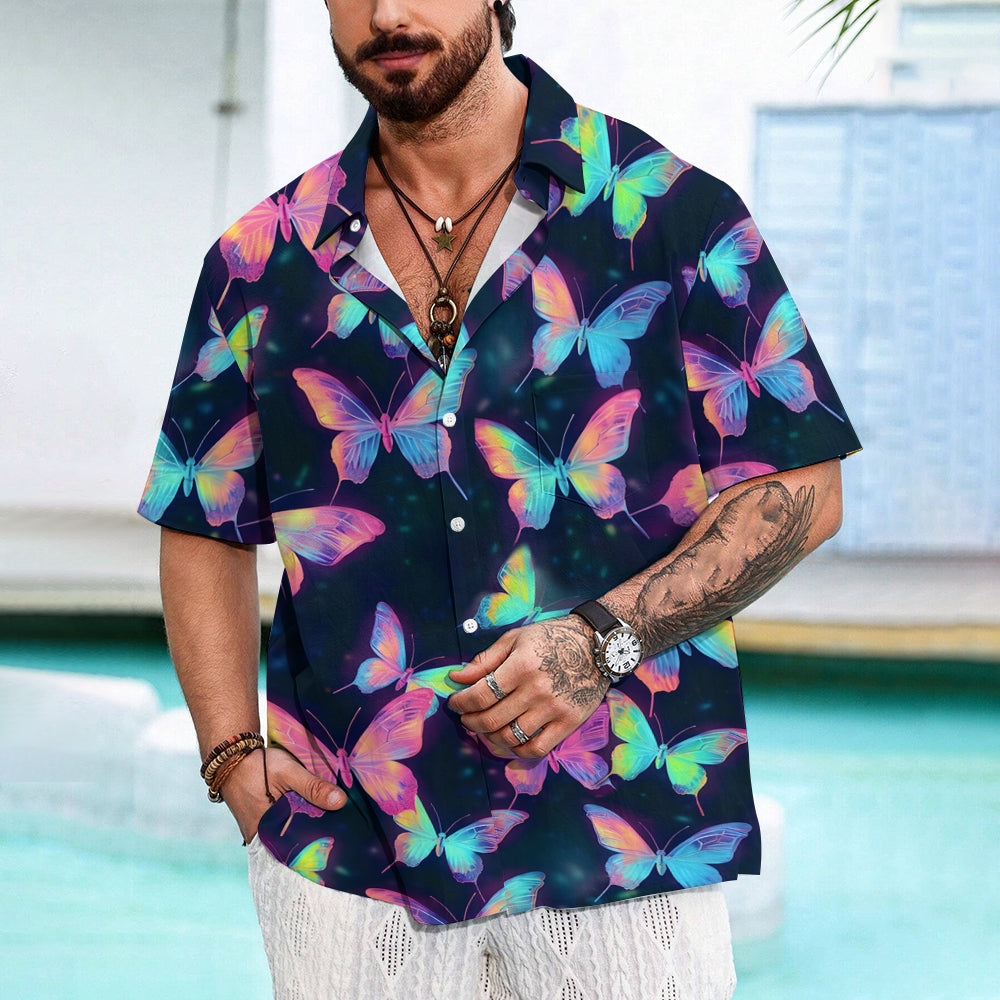 Glowing Colorful Butterfly Print Casual Short Sleeve Shirt 2408006970