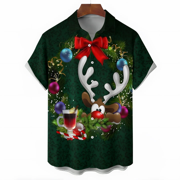 Men's Christmas Decoration Elk Print Short Sleeve Shirt 2409011409