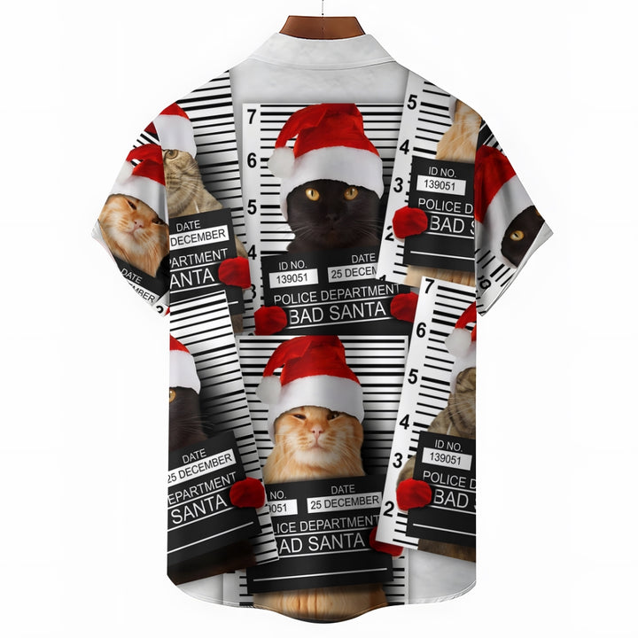 Christmas Cat Fun Print Short Sleeve Shirt 2410003757