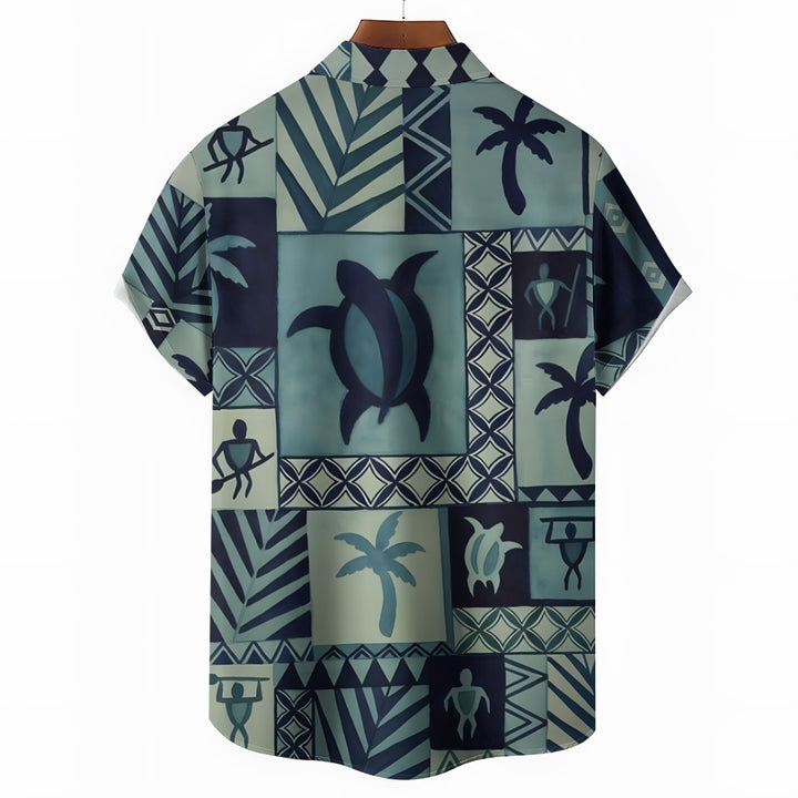 Geometric Turtle And Coconut Tree Print Hawaiian Shirt 2412006359