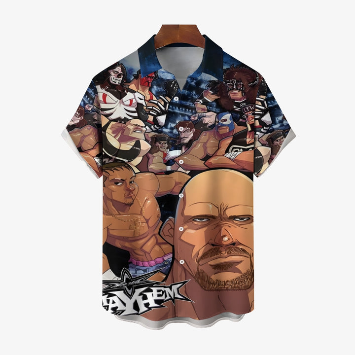 Men's Cartoon Wrestler Print Casual Short Sleeve Shirt 2409004553