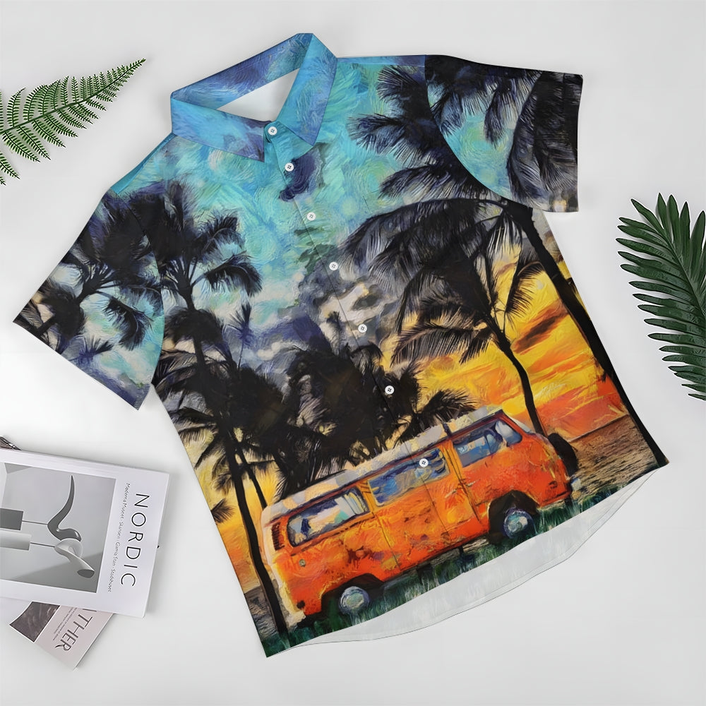 Coconut Tree And Bus Print Casual Short Sleeve Shirt 2412003116