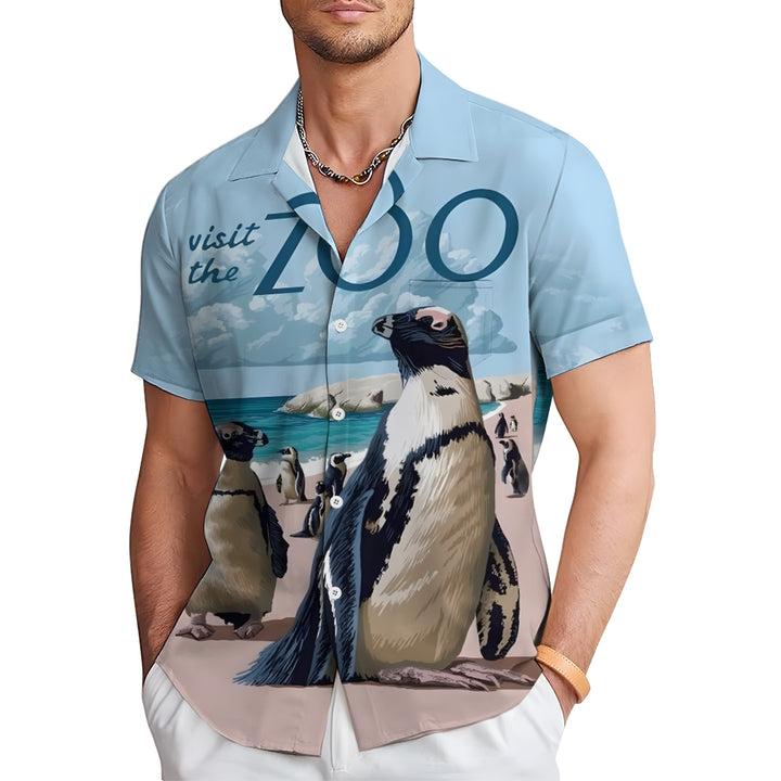 Retro Poster Zoo Penguin Print Chest Pocket Short Sleeve Shirt 2411005997