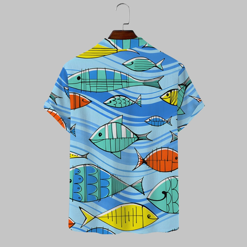 Fish Print Cotton And Linen Stand-Up Collar Half-Lapel Short-Sleeved Shirt 2405001034