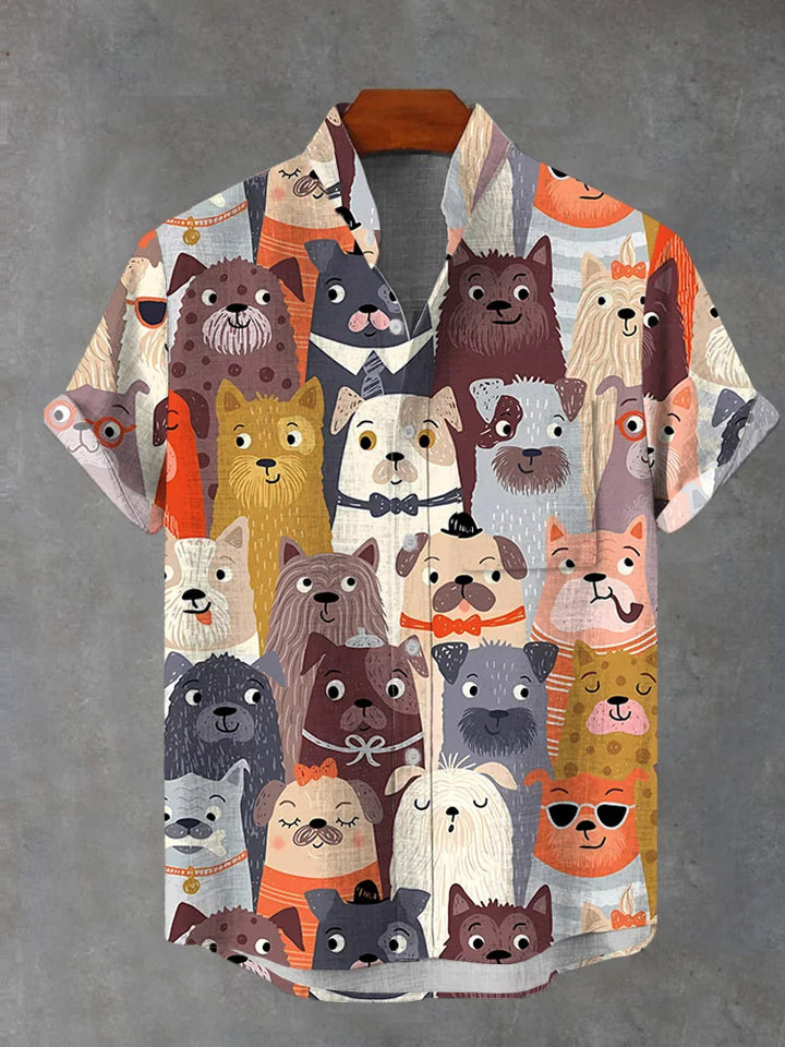 Hand-Painted Cartoon Puppy Print Short-Sleeved Shirt