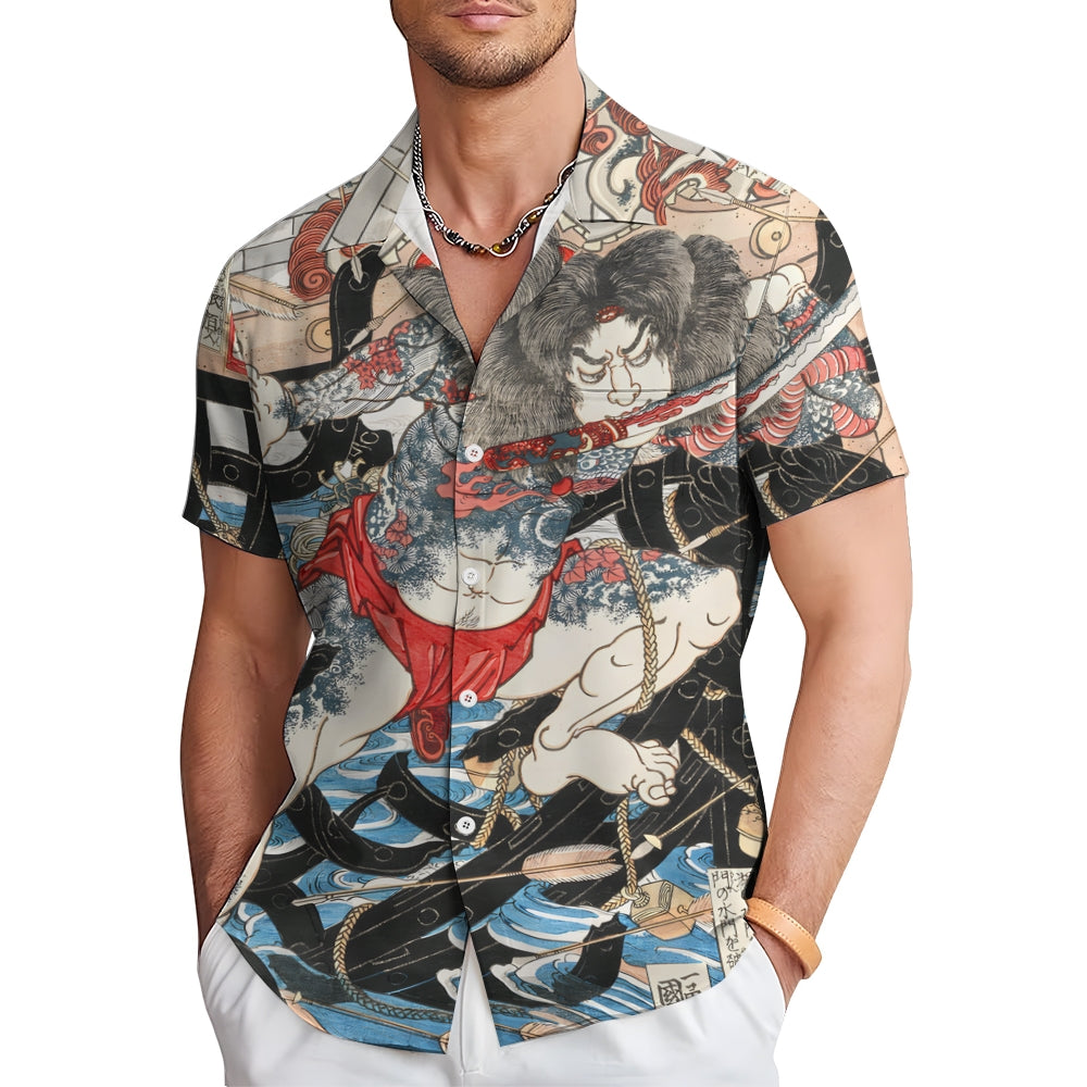 Ukiyoe Japanese Samurai Casual Large Size Short Sleeve Shirt 2406003329