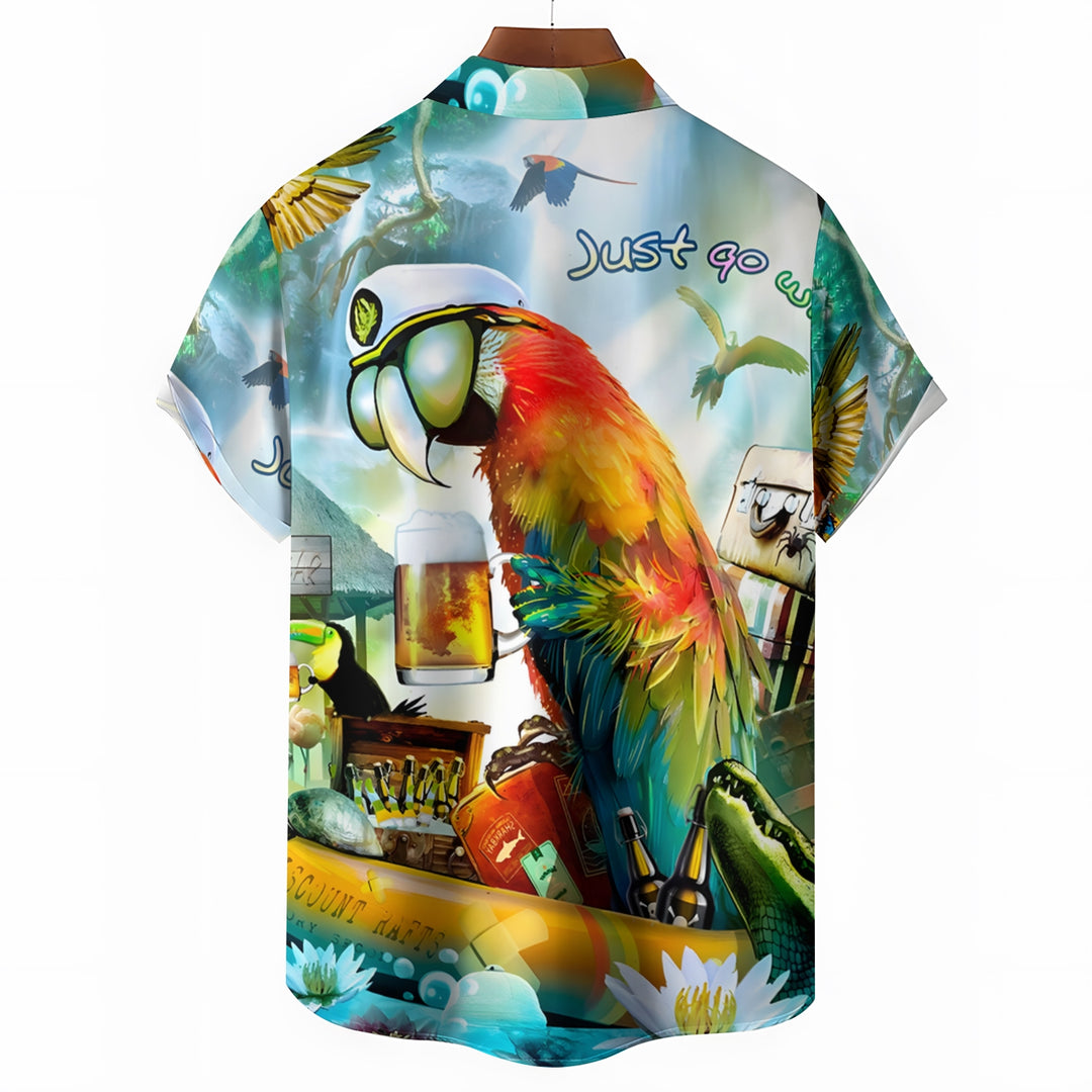 Men's Hawaiian Parrot Beer Print Casual Short Sleeve Shirt 2404001275