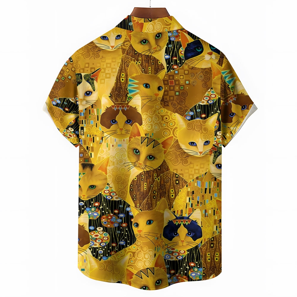 Gold Cat Print Casual Oversized Short Sleeve Shirt 2407005204