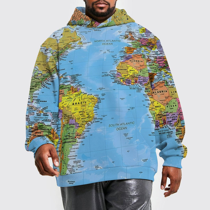 Retro Map Multicolor Long Sleeve Hooded Sweatshirt 2411004094