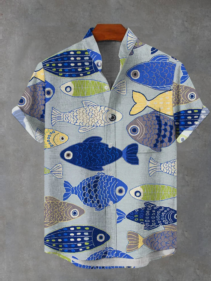 Blue Hand-Painted Fish Print Short-Sleeved Shirt