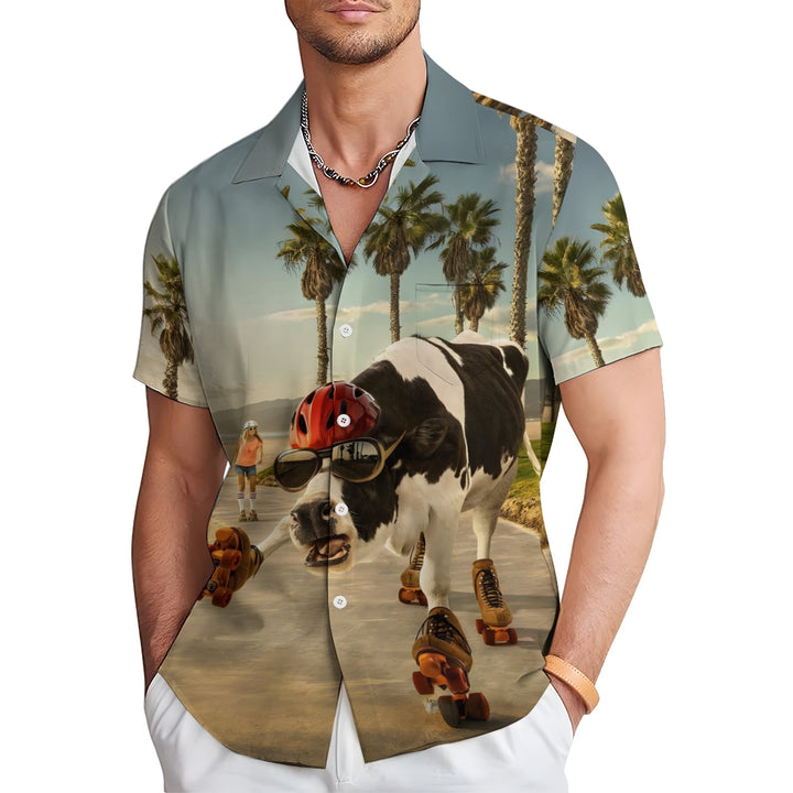 Men's Fun Roller Skating Cow Print Short Sleeve Shirt 2412009510