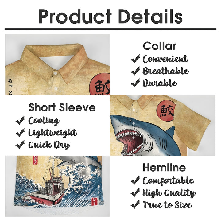 Ukiyoe Waves and Sharks Casual Large Size Short Sleeve Shirt 2406003223