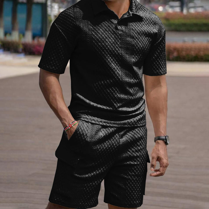 Men's Solid Color Textured Fabric Short-Sleeved Polo Shorts Suit