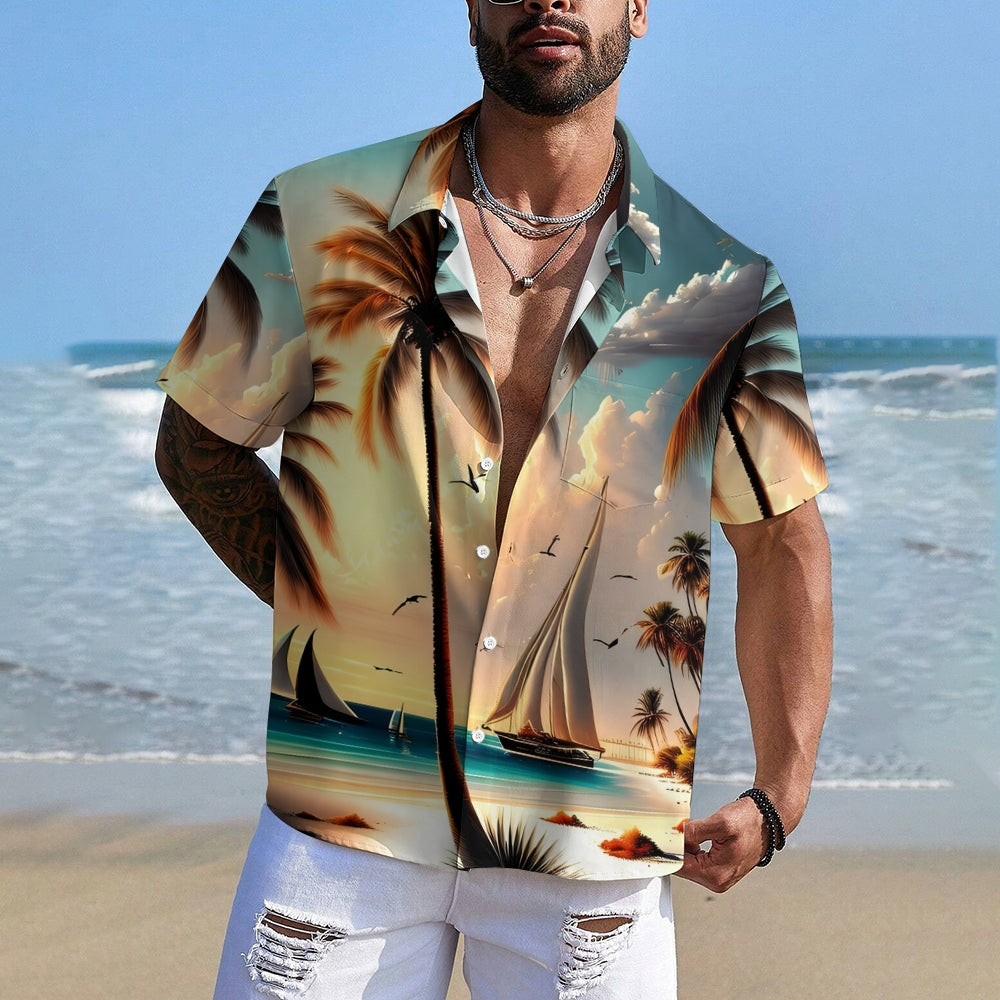 Men's Hawaiian Sailboat Casual Short Sleeve Shirt 2405000203