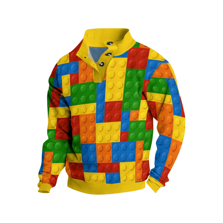 Men's Button Colored Building Blocks Casual Long Sleeve Sweatshirt 2410006864