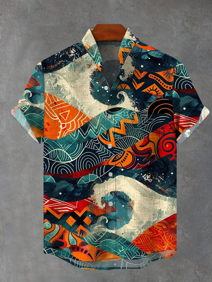 Abstract Tribal Wave Ethnic Pattern Short Sleeve Shirt