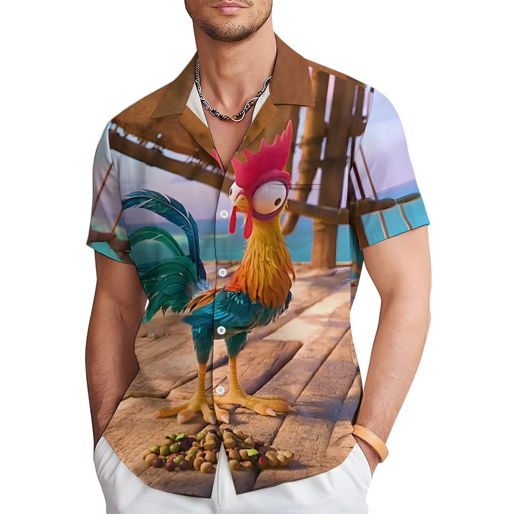 Funny Rooster Eating Print Casual Short Sleeve Shirt 2410001921