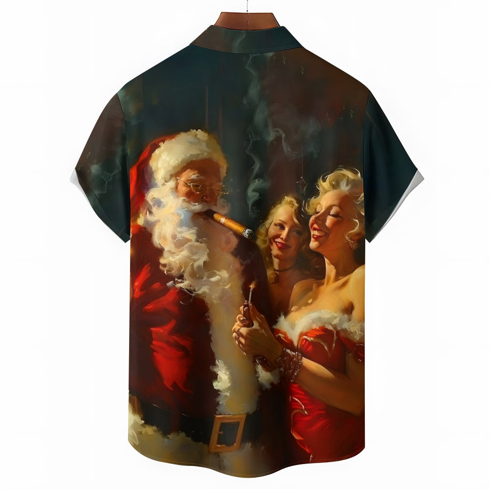 Christmas Santa Claus and Girl Printed Short Sleeve Shirt 2411006433