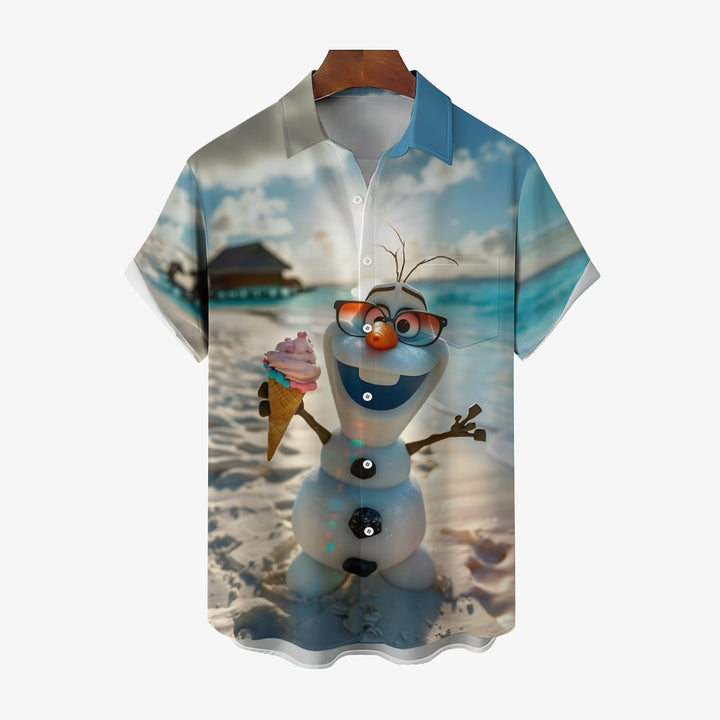 Cartoon Snowman Hawaiian Casual Short Sleeve Shirt 2409002476