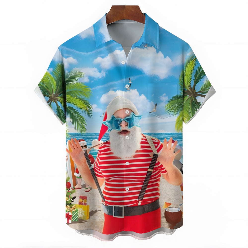 Santa Claus Print On The Beach Short Sleeve Shirt 2410003388