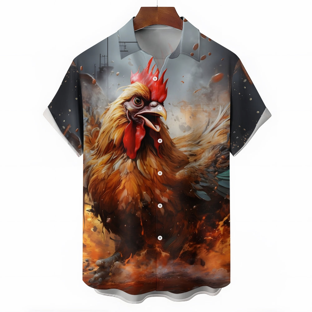 Rooster Print Casual Short Sleeve Shirt 2405001041