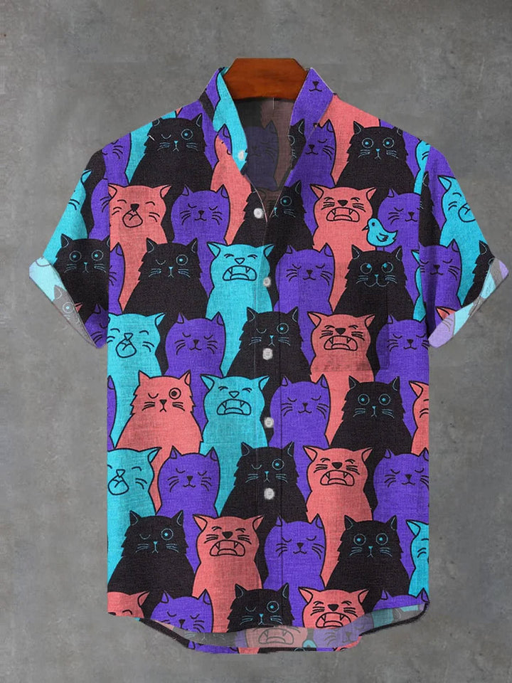 Colorful Cartoon Cat Casual Short Sleeve Shirt