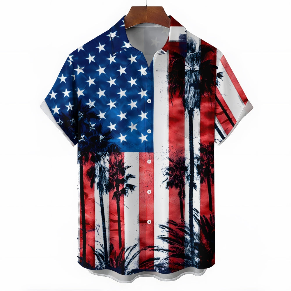 American Flag Palm Trees Casual Short Sleeve Shirt 2411003451