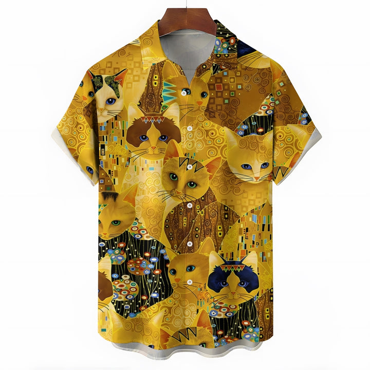 Gold Cat Print Casual Oversized Short Sleeve Shirt 2407005204