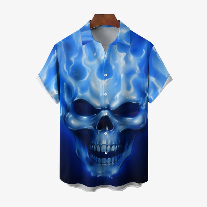 Skull And Flame Print Chest Pocket Short Sleeve Shirt 2411001990