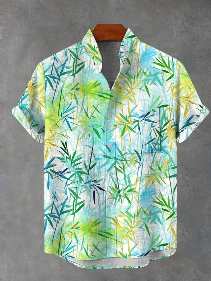 Watercolor Green Bamboo Leaf Print Short-Sleeved Shirt